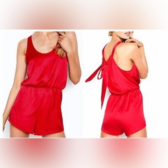 Victoria's Secret Other - Victorias Secret Jumpsuit Sexy Red Satin Pajama Romper Size Small